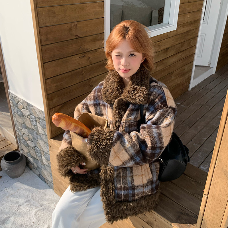 橘子树在哪儿复古格子羊羔毛拼接毛呢外套女冬季宽松加厚保暖棉衣