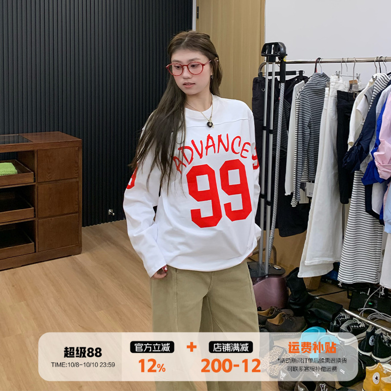 橘子树在哪儿美式数字印花长袖t恤女秋季运动风休闲宽松百搭球衣