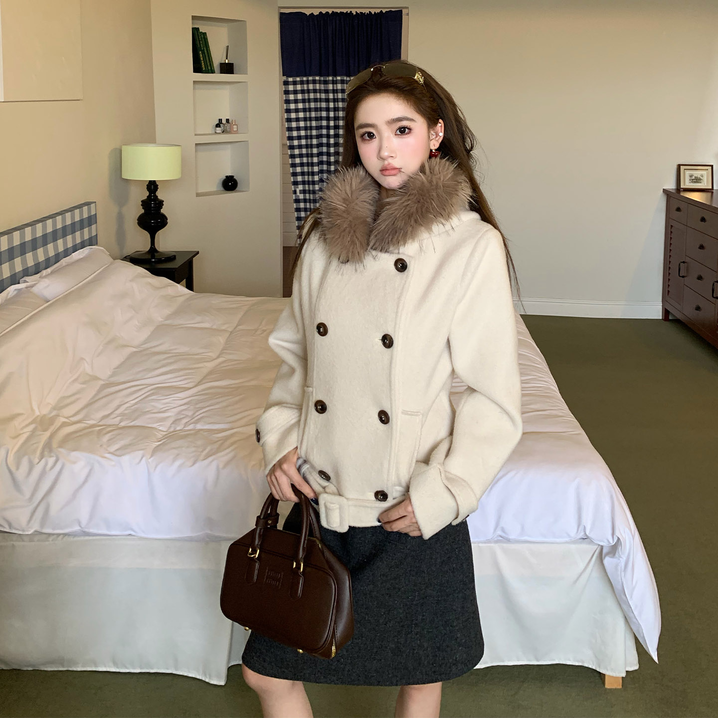 【限时价】橘子树在哪儿韩系毛领双排扣毛呢外套冬季女款气质大衣