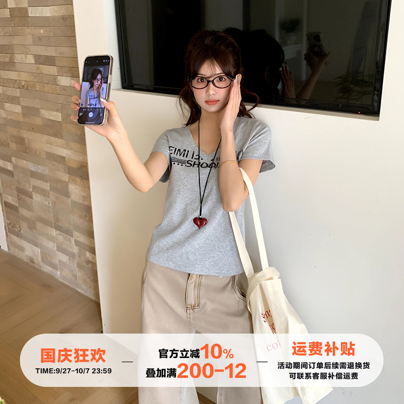 橘子树在哪儿美式V领短袖t恤女夏