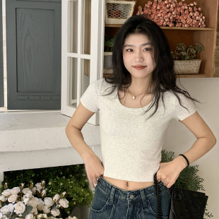 辣妹露脐高腰半袖 橘子树在哪儿正肩短袖 修身 U领短款 体恤 T恤女夏季