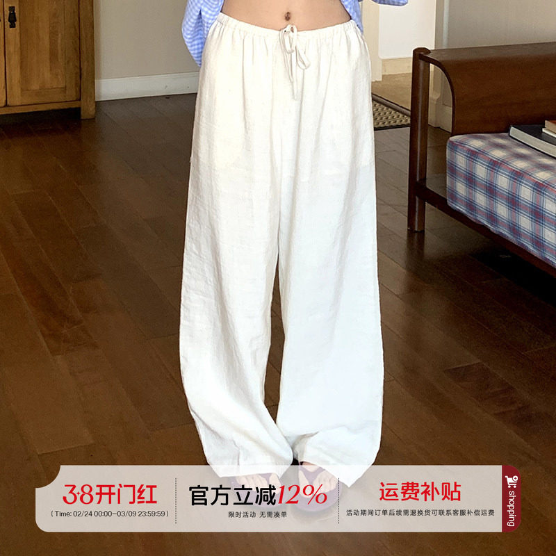 橘子树在哪儿复古棉麻休闲裤女春季宽松显瘦百搭抽绳松紧腰阔腿裤