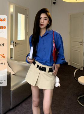 橘子树在哪儿韩系polo领蓝色衬衫女春季薄款防晒显瘦气质外搭衬衣