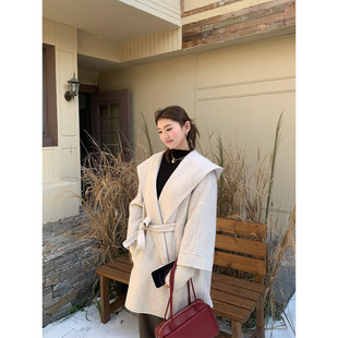 OTee韩系连帽毛呢浴袍大衣女秋冬高级感显瘦气质中长款外套橘子树