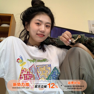 T恤女夏宽松白色体恤学生甜美可爱半袖 橘子树在哪儿 方块绣花短袖