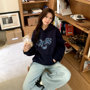 休闲字母印花连帽卫衣女秋季 橘子树在哪儿美式 宽松中性风套头上衣