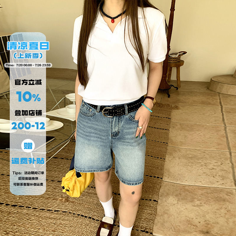 橘子树在哪儿美式复古牛仔五分裤女夏季简约直筒显瘦百搭运动中裤