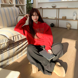 复古字母加绒连帽卫衣女秋冬宽松慵懒风情侣帽衫 橘子树在哪儿美式