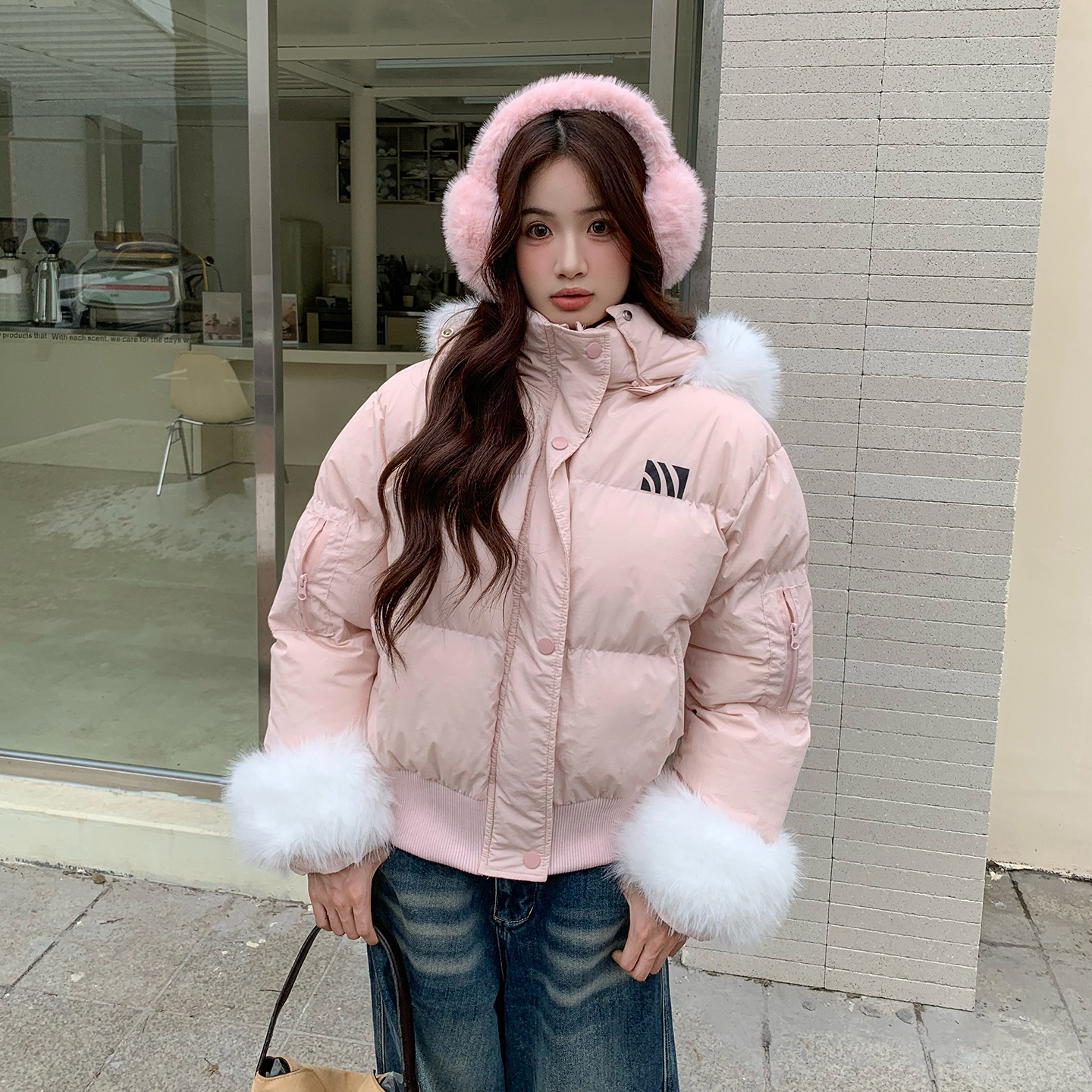 橘子树在哪儿可拆卸毛领连帽棉服