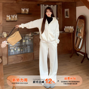 橘子树在哪儿韩系加绒连帽卫衣外套女秋冬设计感阔腿休闲裤 两件套