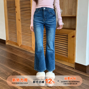 窄版 女款 直筒裤 修身 橘子树在哪儿深蓝色微喇牛仔裤 显瘦九分裤 冬季