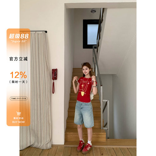 橘子树在哪儿美式复古蓝色牛仔五分裤女夏季宽松直筒百搭显瘦中裤