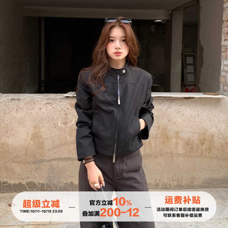 橘子树在哪儿黑色立领短款外套女秋季甜酷风百搭拉链正肩夹克上衣