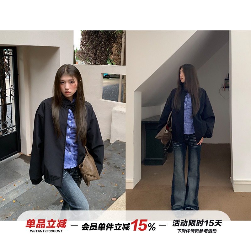 橘子树在哪儿复古立领黑色外套女