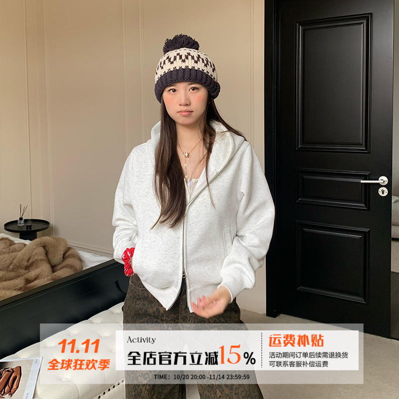 橘子树在哪儿灰色短款连帽卫衣外套女秋季款宽松慵懒风双拉链开衫