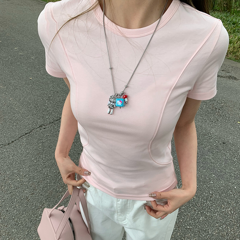 橘子树在哪儿粉色圆领短袖t恤女春夏设计感小众正肩收腰显瘦上衣