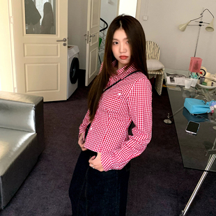 上衣 5折款 橘子树在哪儿格子polo领衬衫 女春收腰显瘦百搭短款