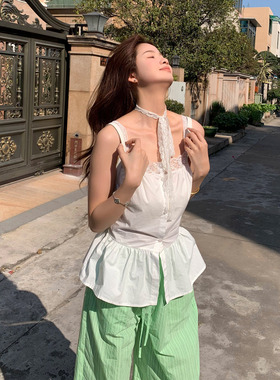 【限时价】橘子树在哪儿白色蕾丝拼接背心吊带夏外穿收腰无袖上衣