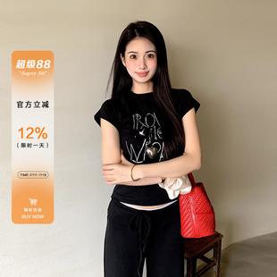 橘子树在哪儿黑色正肩短袖t恤女夏季辣妹风修身显瘦气质短款上衣