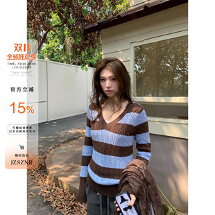 OTee韩系条纹V领麻花针织衫女秋纯棉设计感显瘦气质百搭套头毛衣