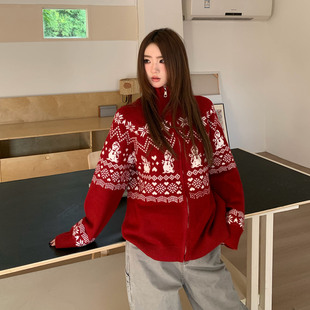 【限时价】橘子树在哪儿复古新年红色毛衣外套女秋冬慵懒针织开衫