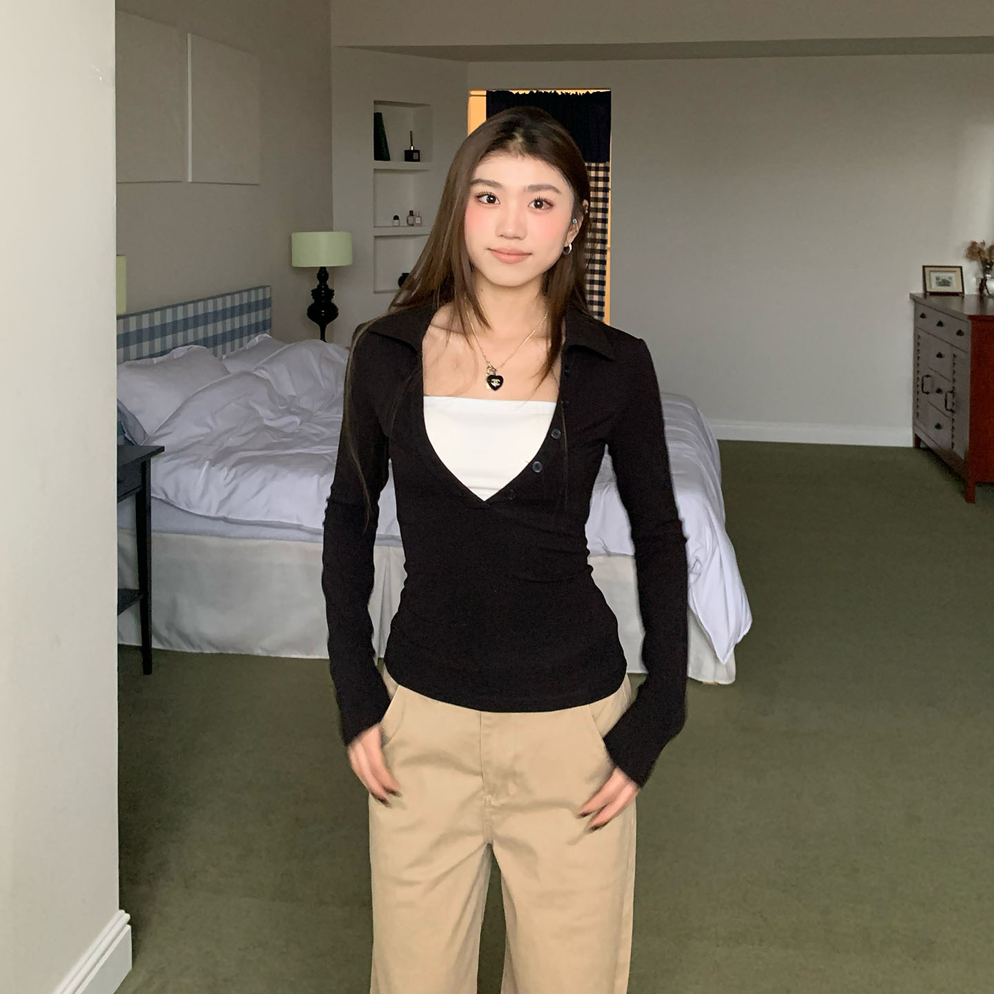 橘子树在哪儿韩系假两件长袖t恤