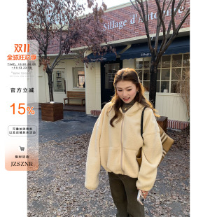 橘子树在哪儿韩系复古连帽羊羔毛外套女秋冬休闲显瘦百搭拉链上衣