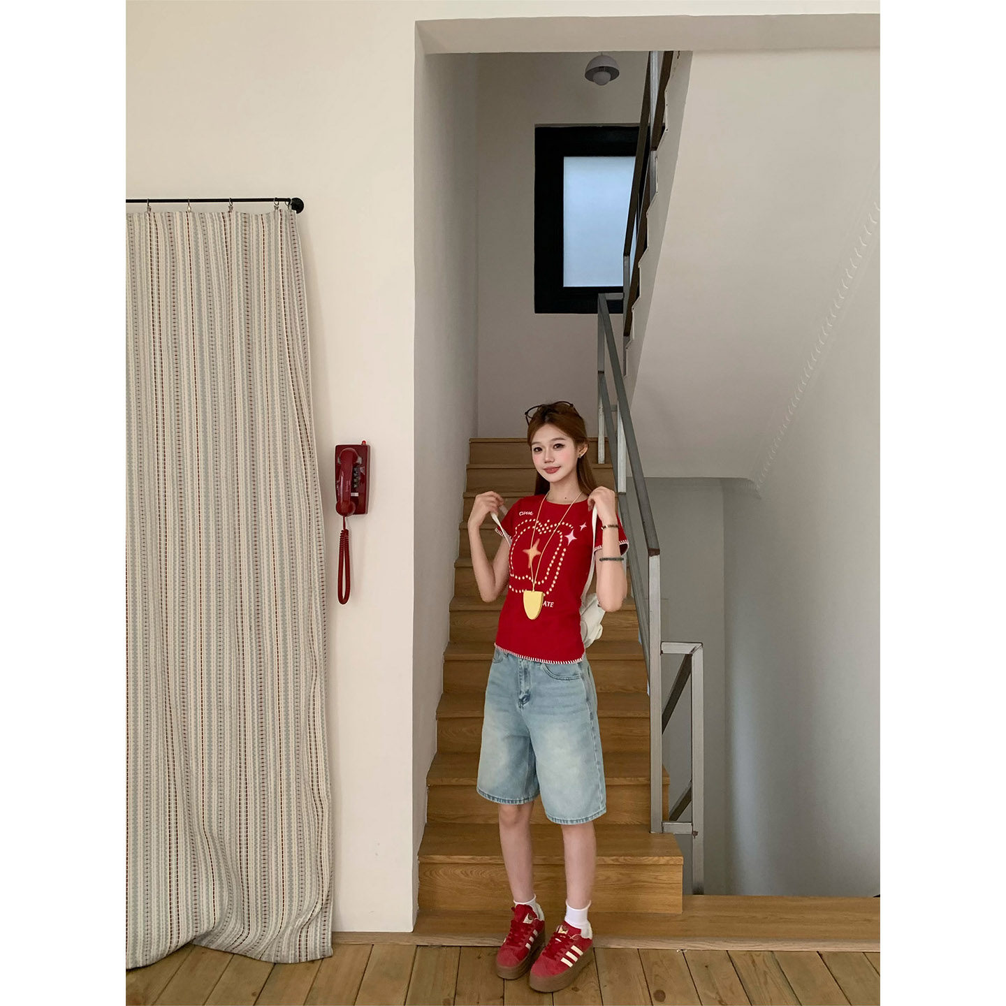 橘子树在哪儿美式复古蓝色牛仔五分裤女夏季宽松直筒百搭显瘦中裤 - 实物图