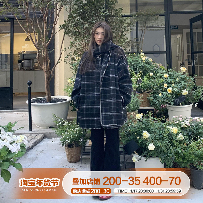 橘子树在哪儿 格子短款双面呢大衣女秋冬宽松小众设计感毛呢外套