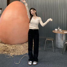 橘子树在哪儿轻微四面弹深色直筒牛仔裤女春季复古高腰显瘦拖地裤