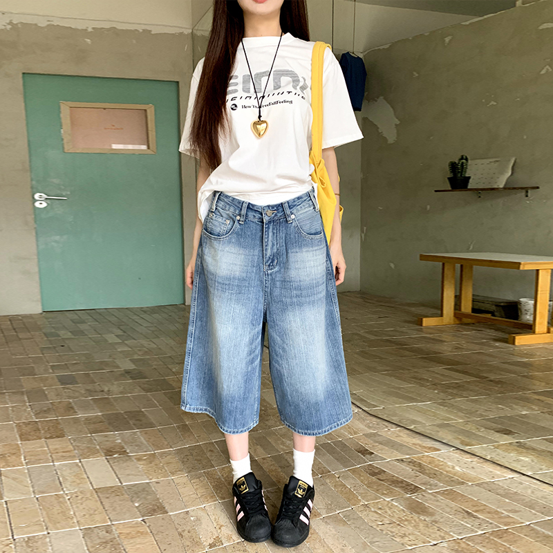 橘子树在哪儿美式复古水洗牛仔裤女夏季宽松阔腿显瘦百搭七分中裤