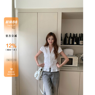 橘子树在哪儿韩系蕾丝边V领短袖衬衫女夏纯棉甜辣显瘦系带上衣