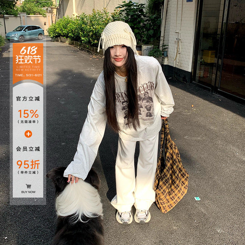 橘子树在哪儿美式复古印花长袖t恤女秋季设计感情侣显瘦百搭上衣