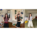 橘子树在哪儿复古polo领条纹针织衫 上衣 女夏修身 显瘦气质正肩短袖
