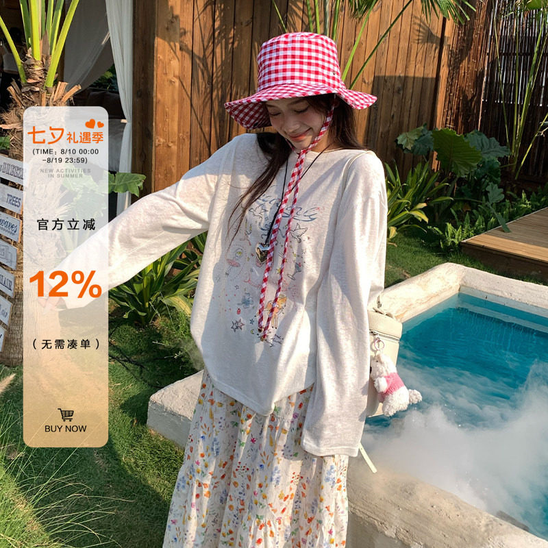 橘子树在哪儿韩系长袖t恤女夏季防晒微透罩衫宽松显瘦凉感打底衫