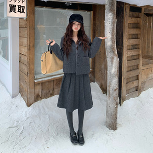 【价】橘子树在哪儿复古毛呢套装女秋冬外套百褶半身裙两件套