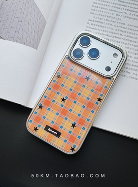 橙色格子星星苹果17 Pro Max复古手机壳17全包边iPhone16promax适用17pro保护套iPhone15小众秋冬男女款14pm
