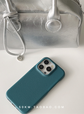 简约蓝绿色苹果15promax皮质纹手机壳iPhone14 Pro Max适用14pro保护套12小众高级感iPhone13防摔全包边13pro