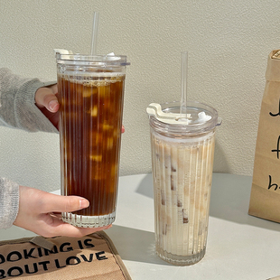 沐韩大容量果汁饮料水杯女办公室高颜值带吸管拿铁杯奶茶玻璃杯子