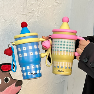 沐韩高颜值儿童刻度水杯大容量保温杯便携把手杯子学生吸管咖啡杯
