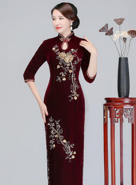 新款金丝绒旗袍复古改良钉珠长款大码中老年走秀修身旗袍秀女