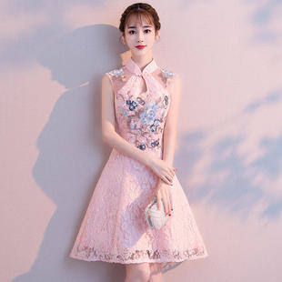 年轻旗袍夏季2025新款女短款中国风少女改良版粉色伴娘礼服连衣裙