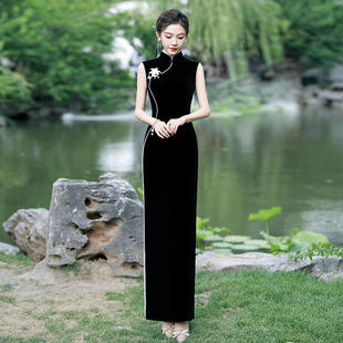 演出旗袍 形体礼仪珍珠丝绒黑色旗袍复古修身 走秀旗袍2025新款 修身