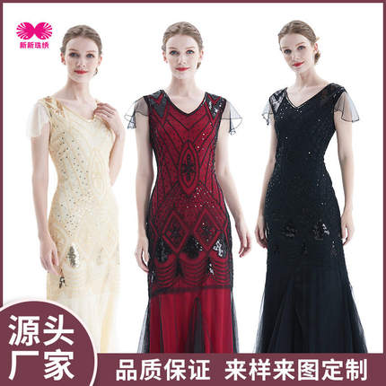 1920s外贸新款手工刺绣 钉珠亮片亚马逊连衣裙 欧美宴会小礼服批