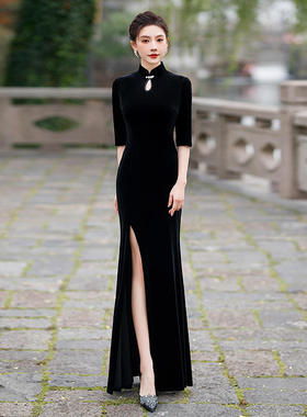 8865冬季新款黑色丝绒亮片舞台走秀旗袍裙复古七分袖修身舞蹈旗袍