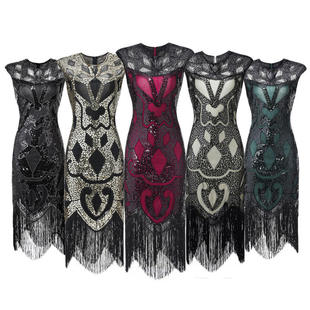 新品 流苏编织亮片连衣裙1920S复古欧美电影礼服裙 亚马逊品质爆款