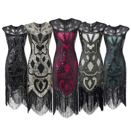 新品亚马逊品质爆款流苏编织亮片连衣裙1920S复古欧美电影礼服裙