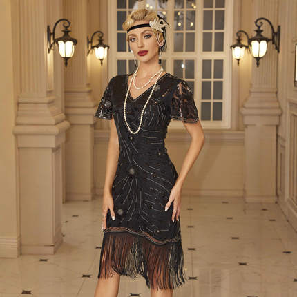 流苏亮片连衣裙1920s欧美复古宴会派对短袖修身礼服裙亚马逊