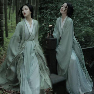 绿色清冷感古风日常拍照超仙飘逸交领直裾 魏晋风汉服套装 新款 春季