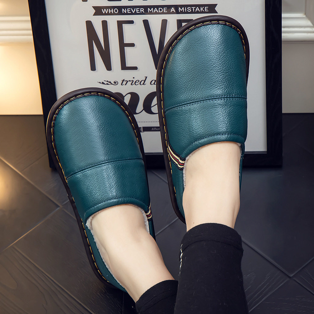 包跟牛皮棉拖鞋男女秋冬季居家室内防水厚底保暖情侣真皮拖鞋